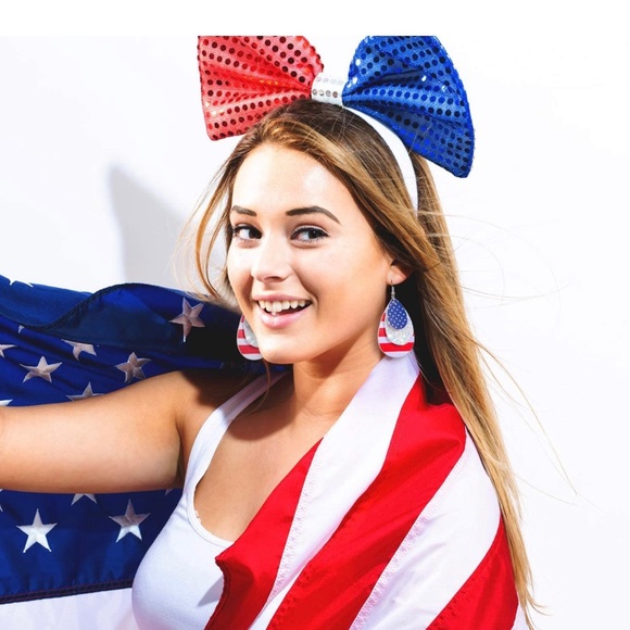 American Flag Leather Earrings Red White Blue - Picture 3 of 5